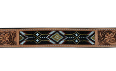 Western Style Beaded and Tooled Leather Dog Collar With Padded Soft Lining 10AB001