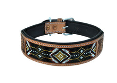 Western Style Beaded and Tooled Leather Dog Collar With Padded Soft Lining 10AB001