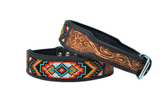 Western Style Beaded and Tooled Leather Dog Collar With Padded Soft Lining 10AB002