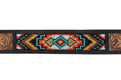 Western Style Beaded and Tooled Leather Dog Collar With Padded Soft Lining 10AB002