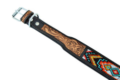 Western Style Beaded and Tooled Leather Dog Collar With Padded Soft Lining 10AB002