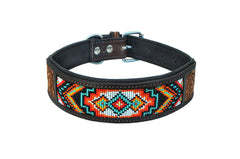 Western Style Beaded and Tooled Leather Dog Collar With Padded Soft Lining 10AB002