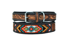 Western Style Beaded and Tooled Leather Dog Collar With Padded Soft Lining 10AB002