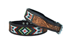 Western Style Beaded and Tooled Leather Dog Collar With Padded Soft Lining 10AB003