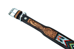 Western Style Beaded and Tooled Leather Dog Collar With Padded Soft Lining 10AB003