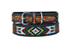 Western Style Beaded and Tooled Leather Dog Collar With Padded Soft Lining 10AB003