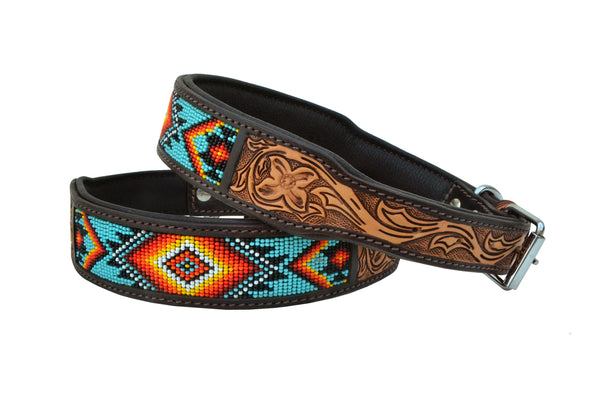 Western Style Beaded and Tooled Leather Dog Collar With Padded Soft Lining 10AB004