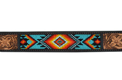 Western Style Beaded and Tooled Leather Dog Collar With Padded Soft Lining 10AB004