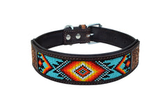 Western Style Beaded and Tooled Leather Dog Collar With Padded Soft Lining 10AB004