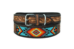 Western Style Beaded and Tooled Leather Dog Collar With Padded Soft Lining 10AB004