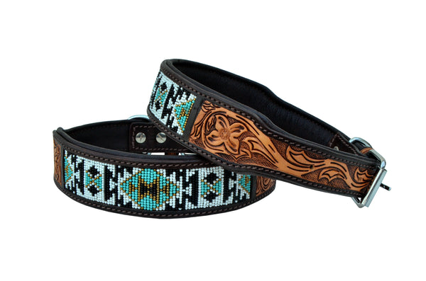 Western Style Beaded and Tooled Leather Dog Collar With Padded Soft Lining 10AB006