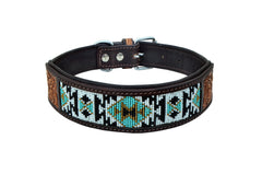 Western Style Beaded and Tooled Leather Dog Collar With Padded Soft Lining 10AB006