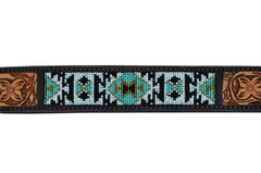 Western Style Beaded and Tooled Leather Dog Collar With Padded Soft Lining 10AB006