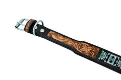 Western Style Beaded and Tooled Leather Dog Collar With Padded Soft Lining 10AB006