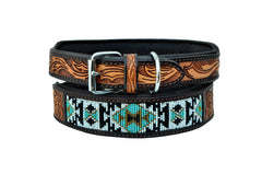 Western Style Beaded and Tooled Leather Dog Collar With Padded Soft Lining 10AB006