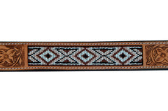 Western Style Beaded and Tooled Leather Dog Collar With Padded Soft Lining 10AB007