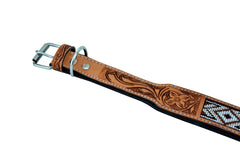 Western Style Beaded and Tooled Leather Dog Collar With Padded Soft Lining 10AB007