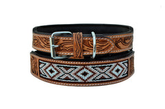 Western Style Beaded and Tooled Leather Dog Collar With Padded Soft Lining 10AB007