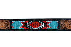 Western Style Beaded and Tooled Leather Dog Collar With Padded Soft Lining 10AB008