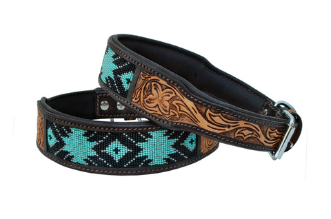 Western Style Beaded and Tooled Leather Dog Collar With Padded Soft Lining 10AB009