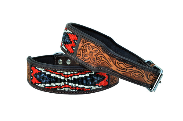 Western Style Beaded and Tooled Leather Dog Collar With Padded Soft Lining 10AB010