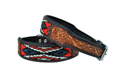 Western Style Beaded and Tooled Leather Dog Collar With Padded Soft Lining 10AB010