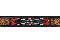 Western Style Beaded and Tooled Leather Dog Collar With Padded Soft Lining 10AB010