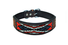 Western Style Beaded and Tooled Leather Dog Collar With Padded Soft Lining 10AB010