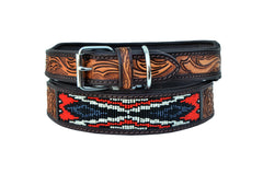 Western Style Beaded and Tooled Leather Dog Collar With Padded Soft Lining 10AB010