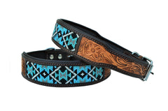 Western Style Beaded and Tooled Leather Dog Collar With Padded Soft Lining 10AB012