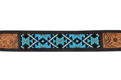 Western Style Beaded and Tooled Leather Dog Collar With Padded Soft Lining 10AB012