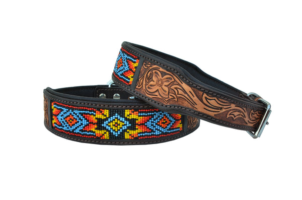 Western Style Beaded and Tooled Leather Dog Collar With Padded Soft Lining 10AB013