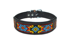 Western Style Beaded and Tooled Leather Dog Collar With Padded Soft Lining 10AB013