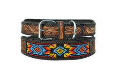 Western Style Beaded and Tooled Leather Dog Collar With Padded Soft Lining 10AB013