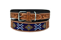 Western Style Beaded and Tooled Leather Dog Collar With Padded Soft Lining 10AB014