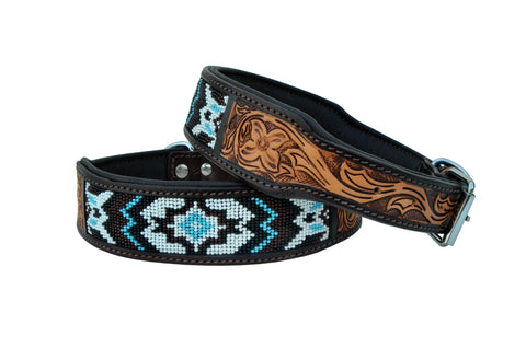 Western Style Beaded and Tooled Leather Dog Collar With Padded Soft Lining 10AB015