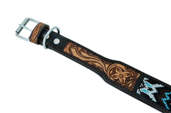 Western Style Beaded and Tooled Leather Dog Collar With Padded Soft Lining 10AB015