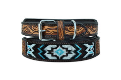 Western Style Beaded and Tooled Leather Dog Collar With Padded Soft Lining 10AB015