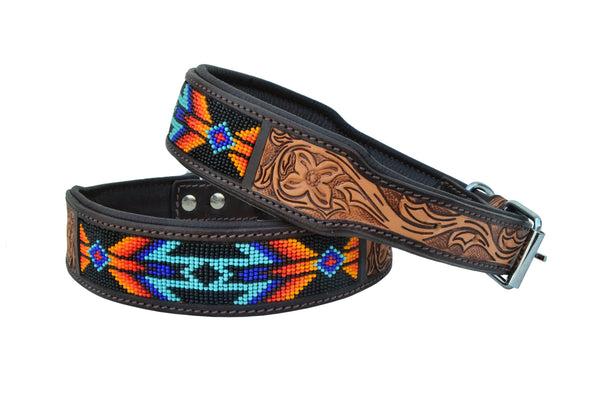 Western Style Beaded and Tooled Leather Dog Collar With Padded Soft Lining 10AB016