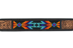 Western Style Beaded and Tooled Leather Dog Collar With Padded Soft Lining 10AB016