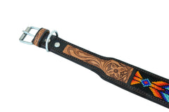 Western Style Beaded and Tooled Leather Dog Collar With Padded Soft Lining 10AB016