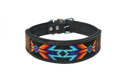 Western Style Beaded and Tooled Leather Dog Collar With Padded Soft Lining 10AB016