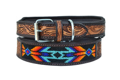 Western Style Beaded and Tooled Leather Dog Collar With Padded Soft Lining 10AB016