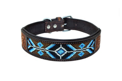 Western Style Beaded and Tooled Leather Dog Collar With Padded Soft Lining 10AB017