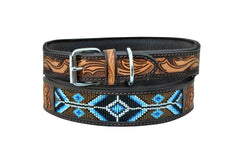 Western Style Beaded and Tooled Leather Dog Collar With Padded Soft Lining 10AB017