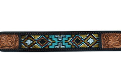 Western Style Beaded and Tooled Leather Dog Collar With Padded Soft Lining 10AB018