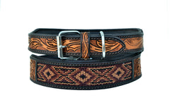 Western Style Beaded and Tooled Leather Dog Collar With Padded Soft Lining 10AB019