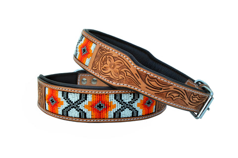 Western Style Beaded and Tooled Leather Dog Collar With Padded Soft Lining 10AB021