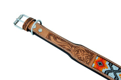 Western Style Beaded and Tooled Leather Dog Collar With Padded Soft Lining 10AB021