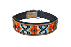 Western Style Beaded and Tooled Leather Dog Collar With Padded Soft Lining 10AB021